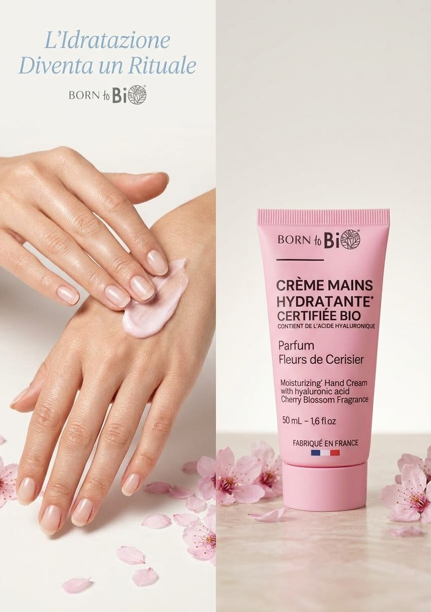 Born to Bio Crema Mani Idratante Biologica con Acido Ialuronico – Fiori di Ciliegio 50 ml