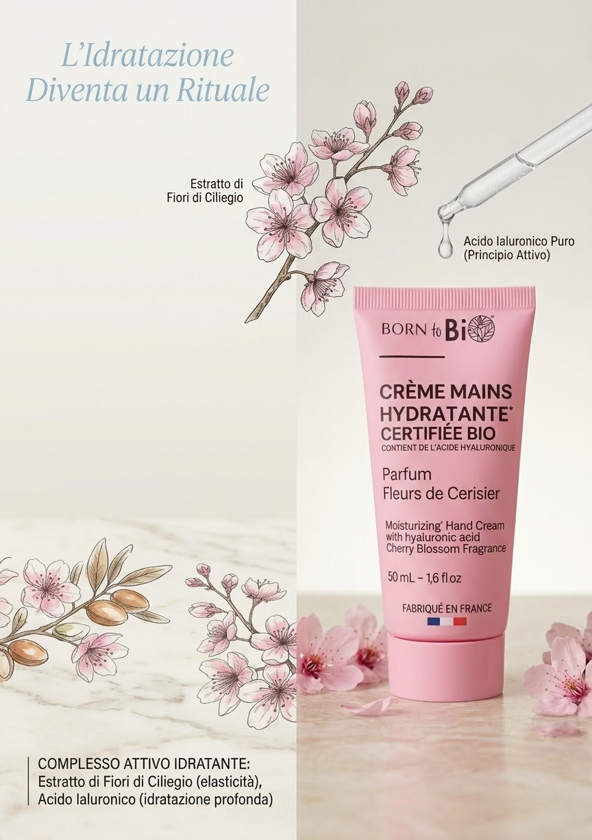 Born to Bio Crema Mani Idratante Biologica con Acido Ialuronico – Fiori di Ciliegio 50 ml