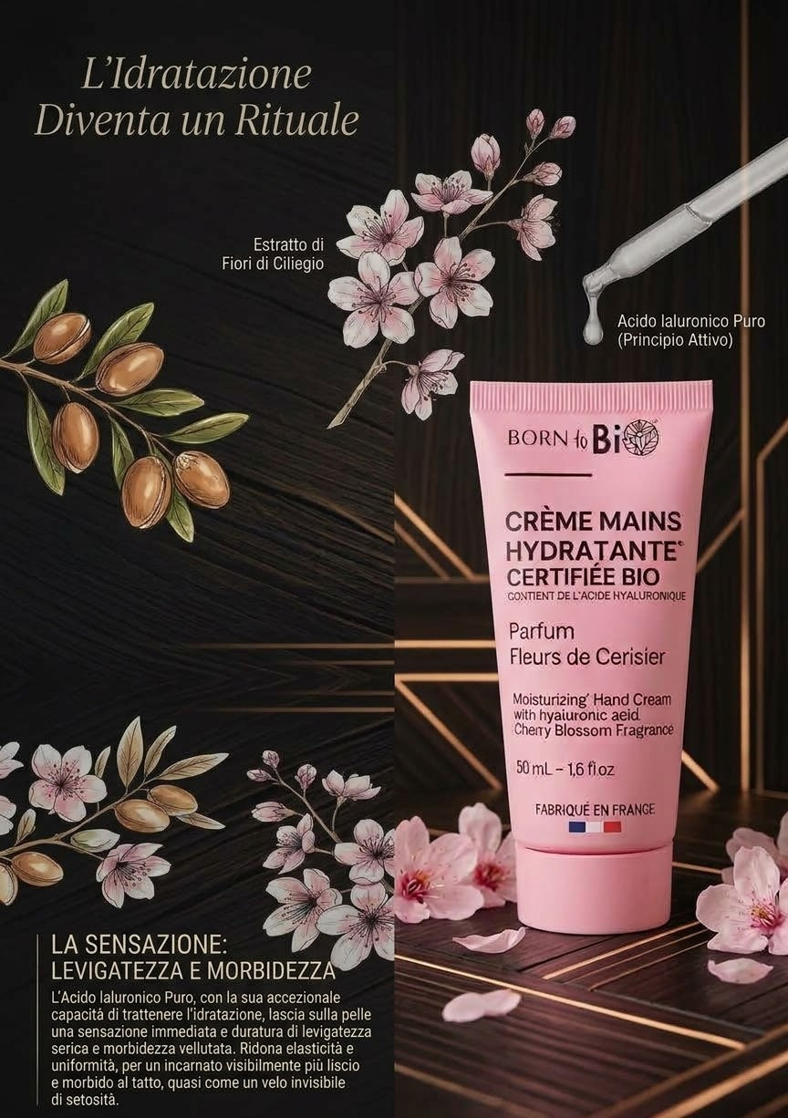 Born to Bio Crema Mani Idratante Biologica con Acido Ialuronico – Fiori di Ciliegio 50 ml