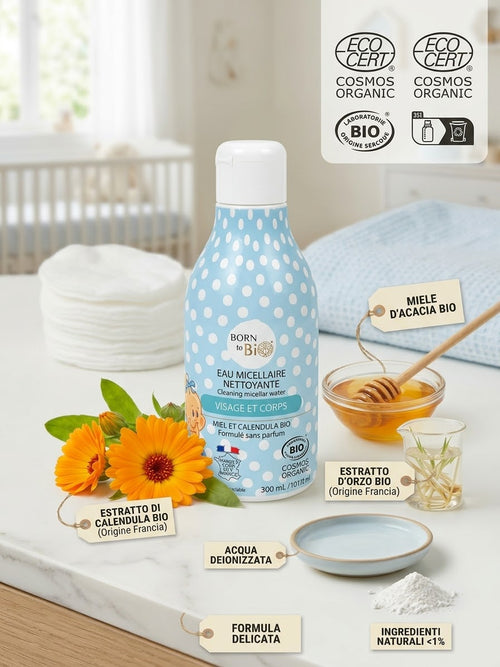 Born To Bio Acqua Micellare Detergente Biologica Neonato Senza Risciacquo - Viso e Corpo 300 ml