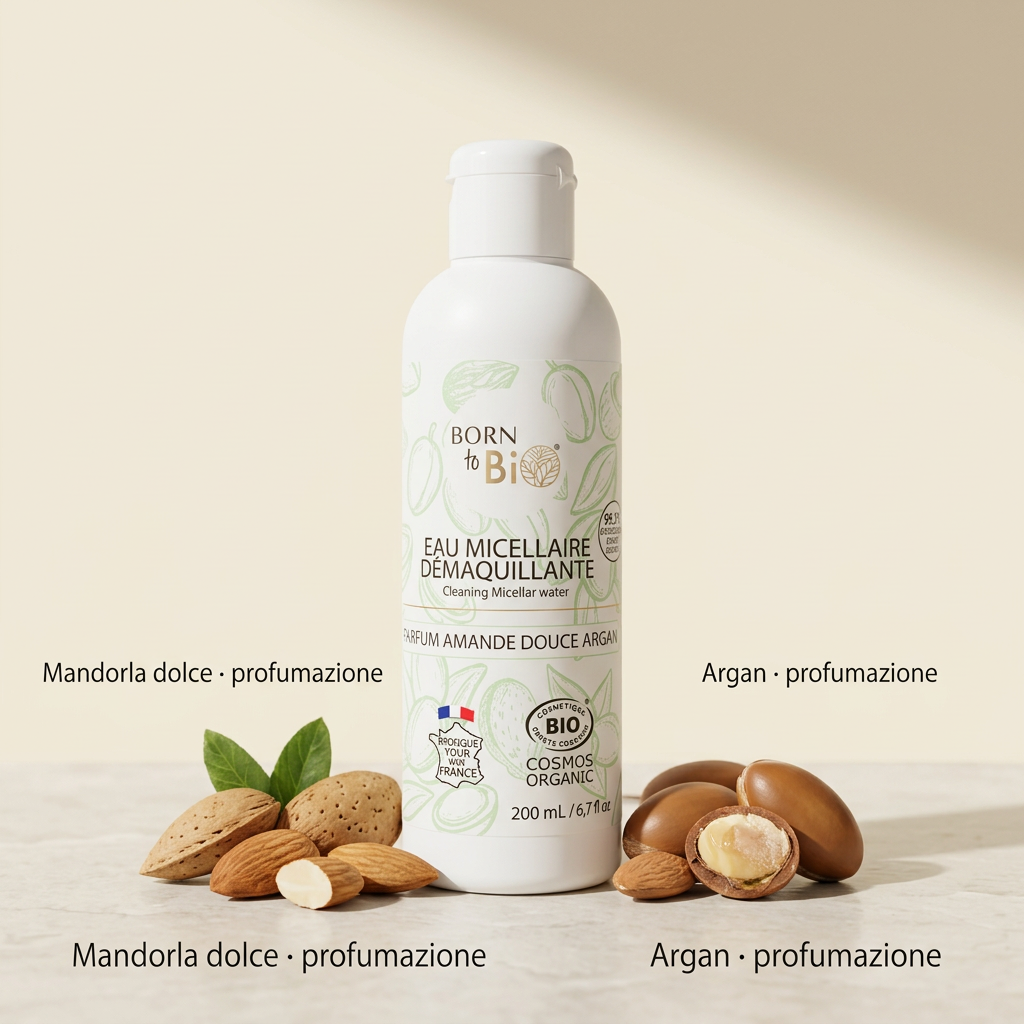 Acqua micellare Born to Bio con mandorla dolce e argan come richiami della profumazione