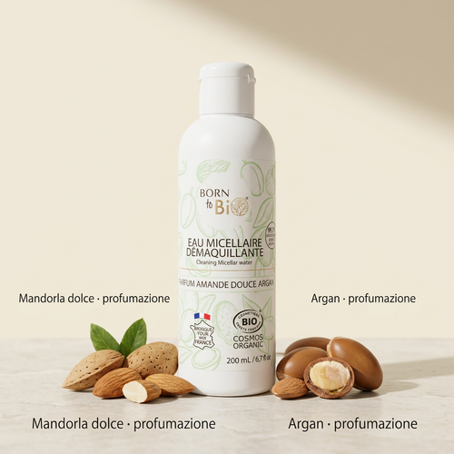Acqua micellare Born to Bio con mandorla dolce e argan come richiami della profumazione