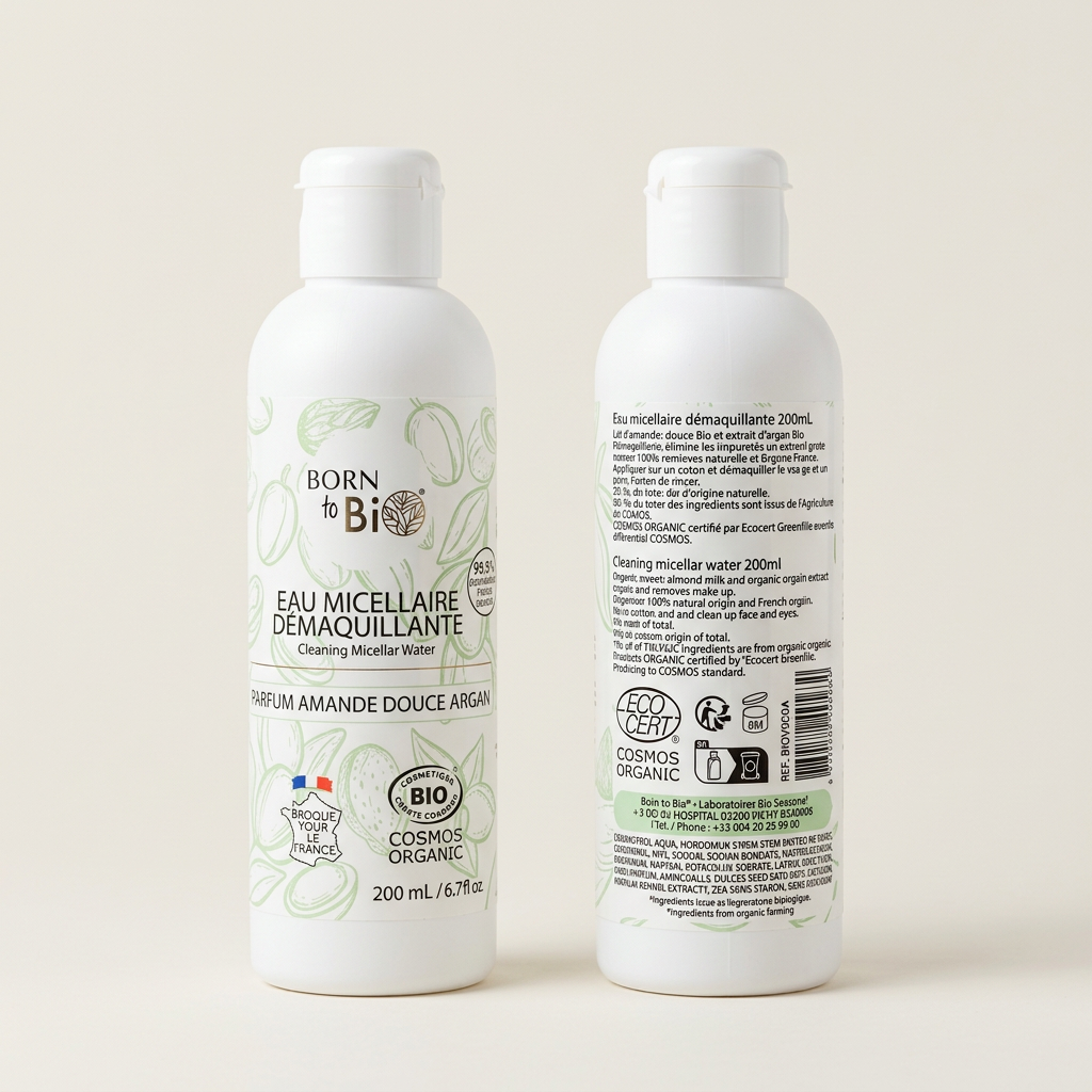 Acqua micellare Born to Bio fronte e retro su sfondo neutro