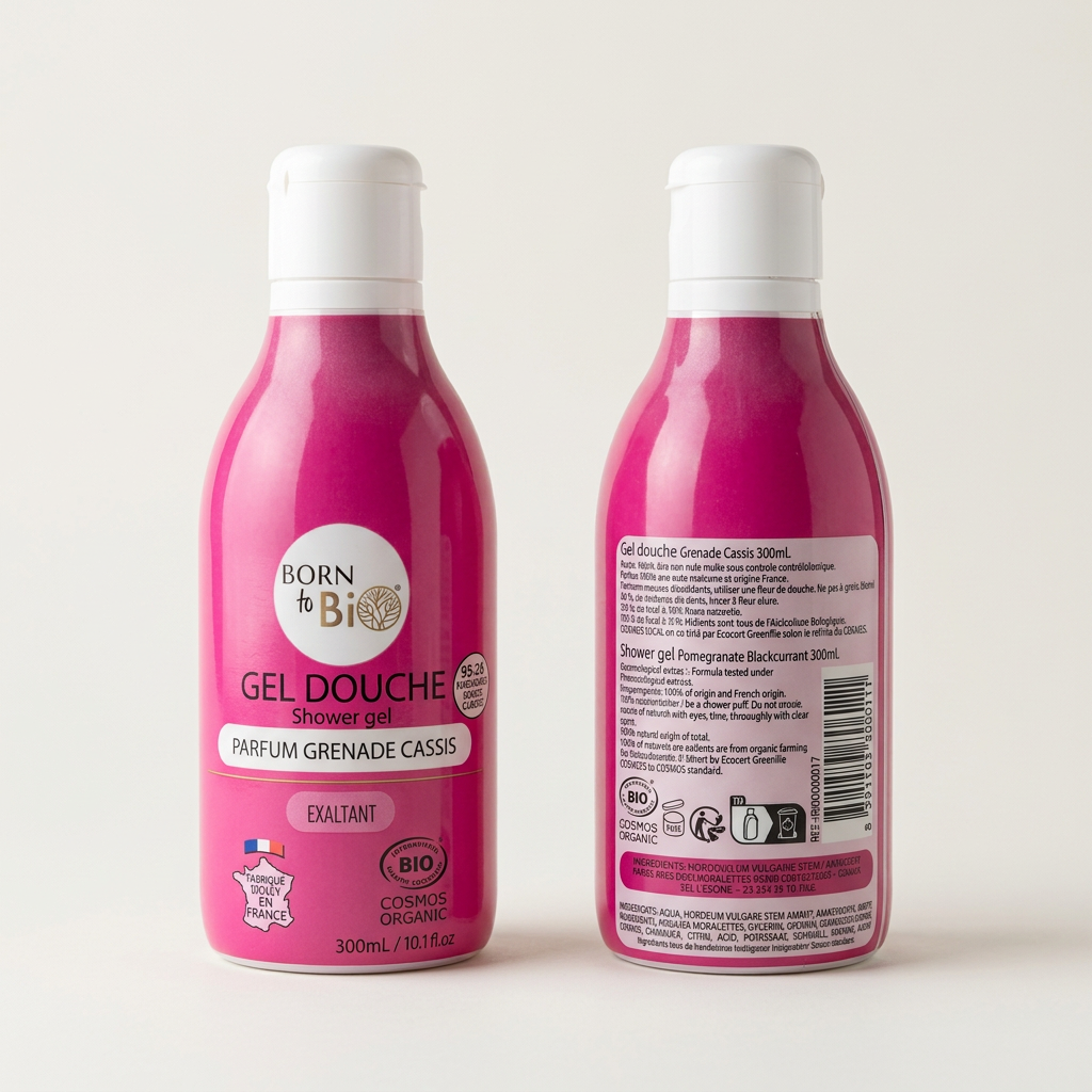 Bagnodoccia Born to Bio melograno e ribes nero, fronte e retro su sfondo neutro