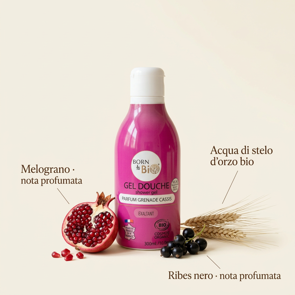 Bagnodoccia melograno e ribes nero con nomi delle note profumate e dell’ingrediente botanico