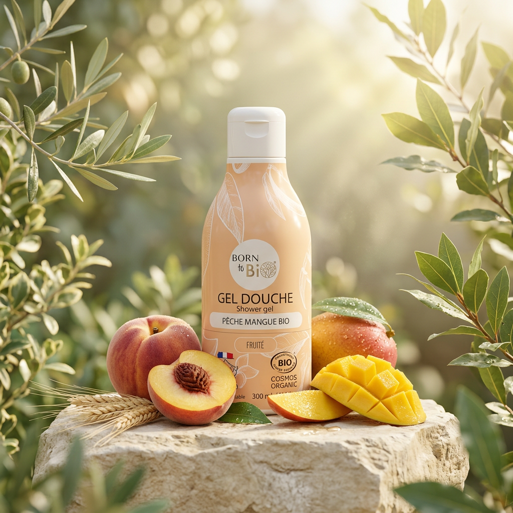 Bagnodoccia pesca e mango in un’ambientazione naturale
