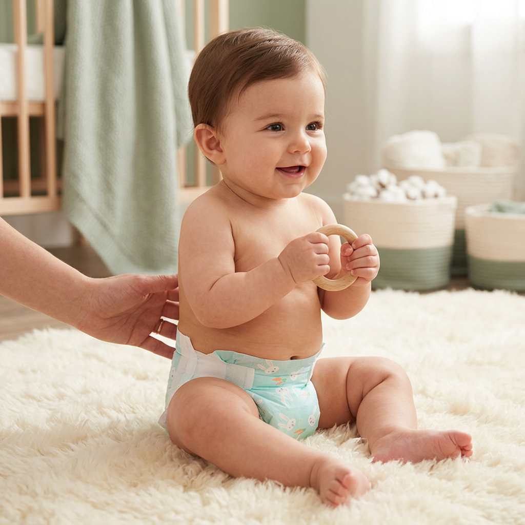 Bimbo di circa 7–8 mesi con pannolino Tiniloo indossato