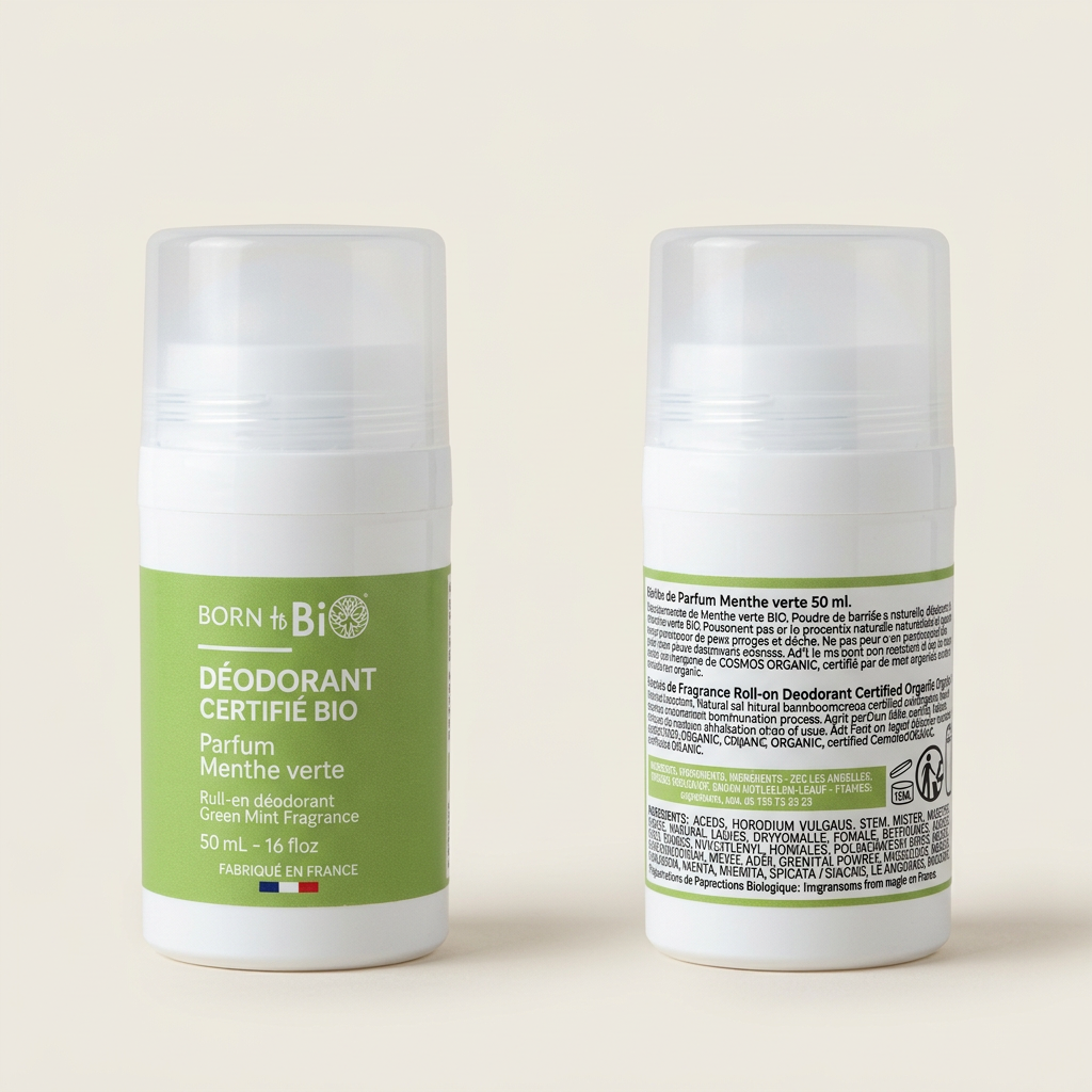 Deodorante Born to Bio fronte e retro su sfondo neutro