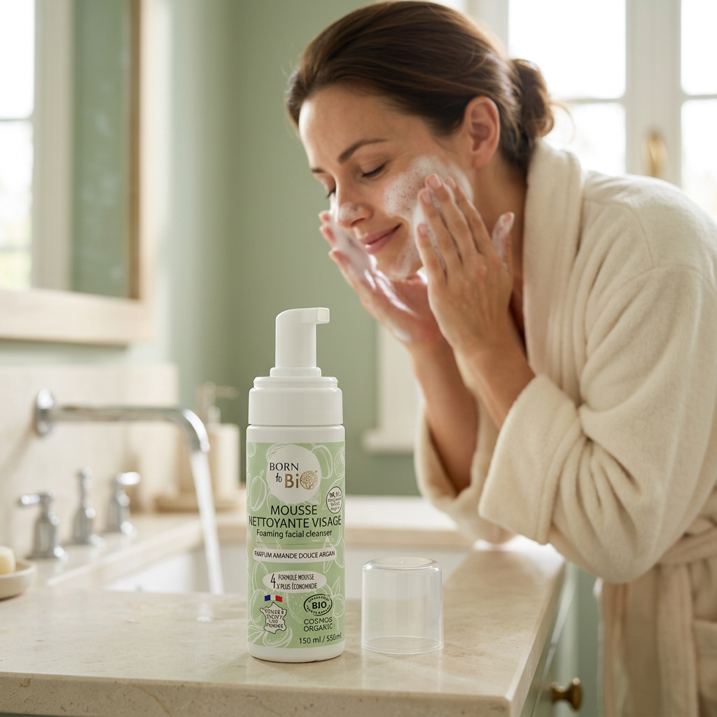 Donna che lava il viso con mousse soffice e flacone Born to Bio in primo piano