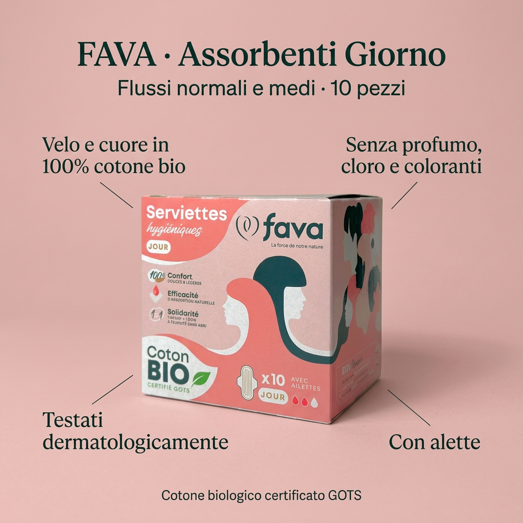 FAVA assorbenti giorno su sfondo rosa con caratteristiche principali