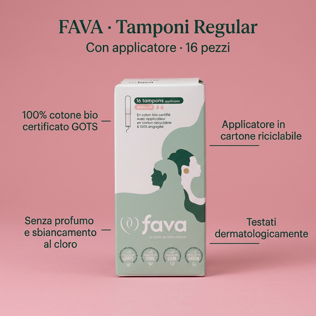 FAVA tamponi Regular da 16 pezzi con caratteristiche su sfondo rosa