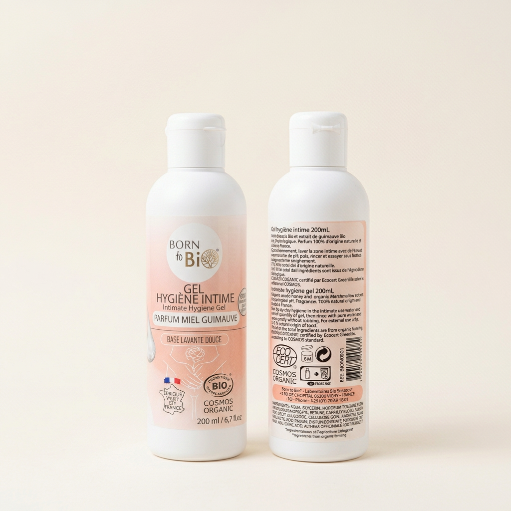 Gel intimo Born to Bio, fronte e retro insieme su sfondo avorio
