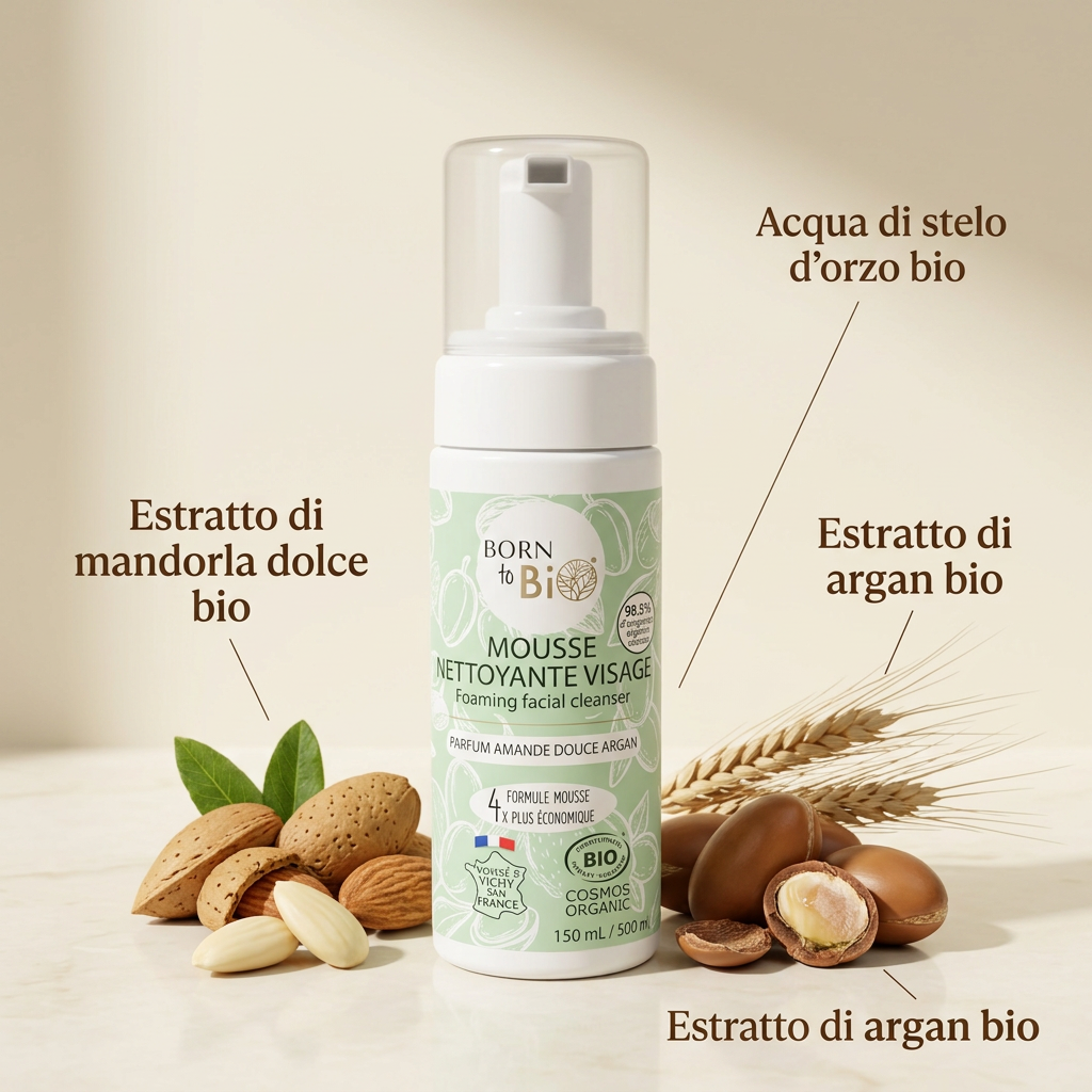 Mousse detergente Born to Bio con mandorla dolce, argan e orzo e i rispettivi nomi