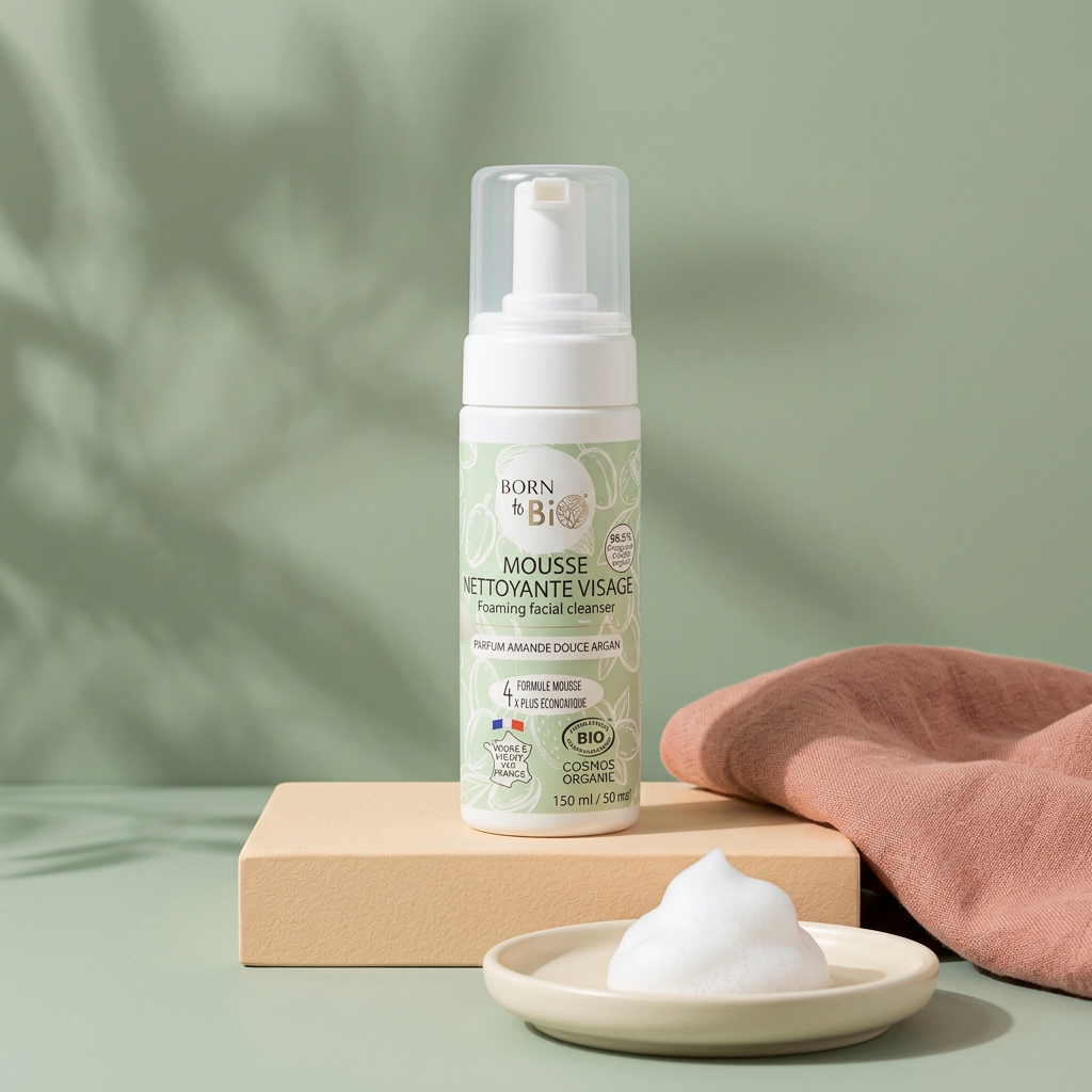 Mousse detergente Born to Bio con schiuma soffice in un contesto salvia e albicocca