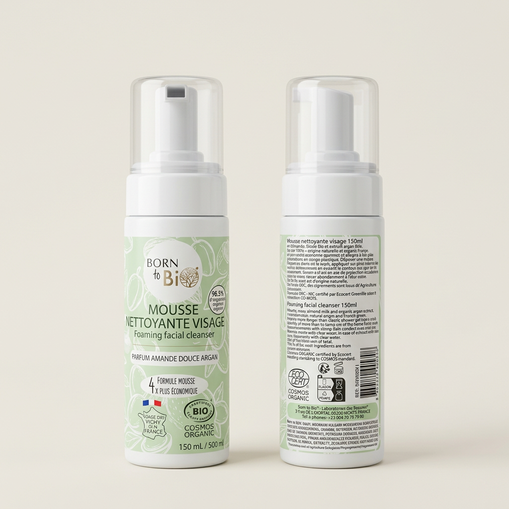 Mousse detergente viso Born to Bio fronte e retro su sfondo neutro