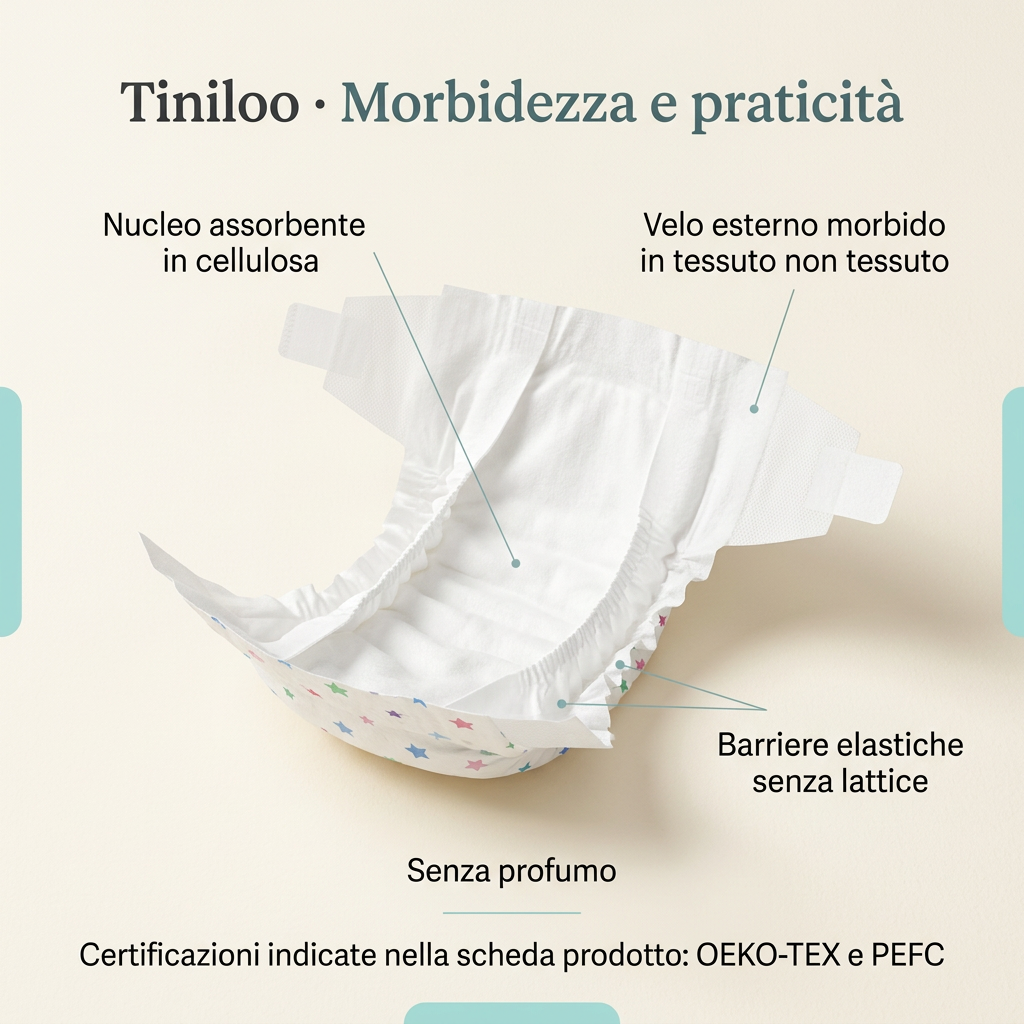 Pannolino Tiniloo aperto con caratteristiche principali e certificazioni indicate nella scheda