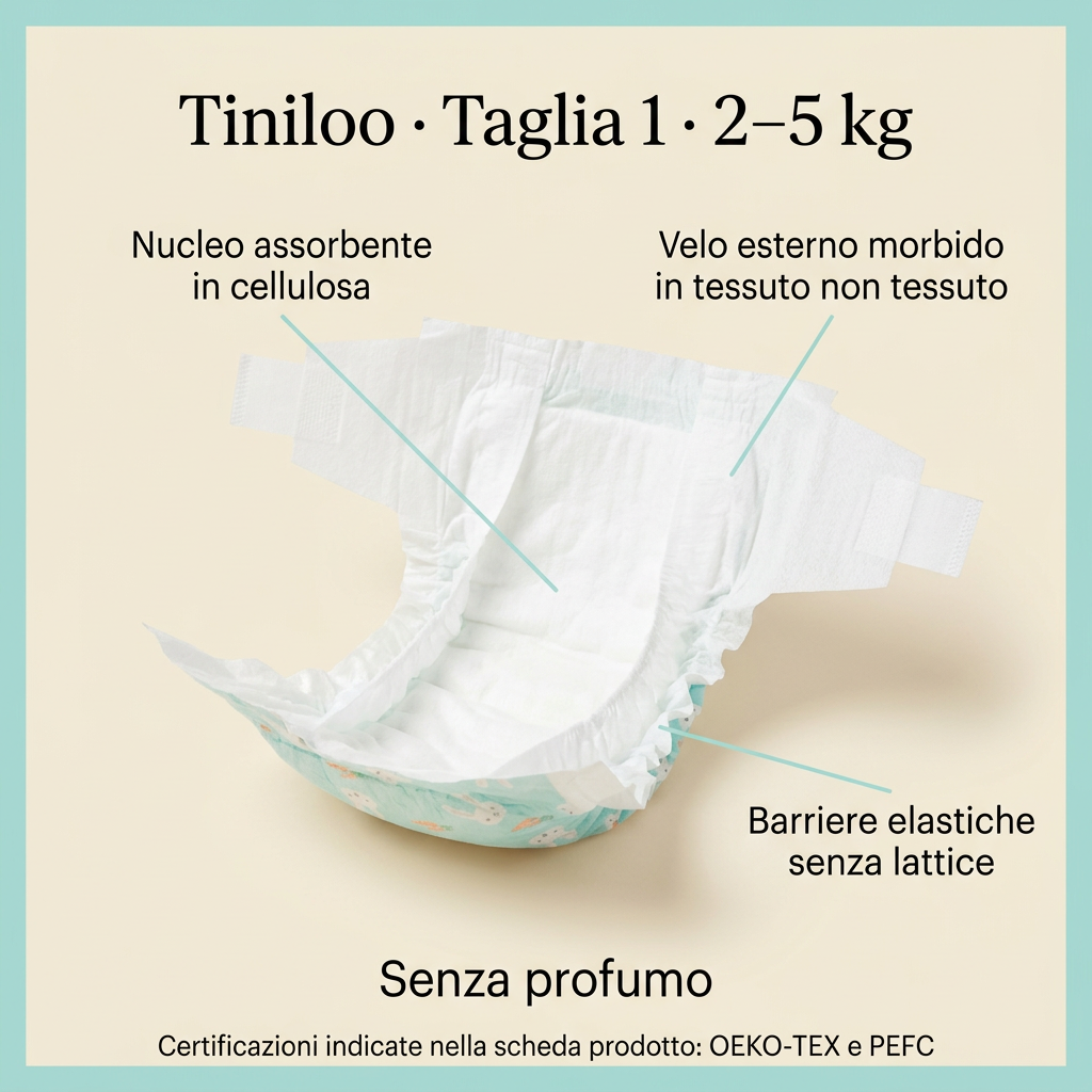 Pannolino Tiniloo taglia 1 aperto con caratteristiche principali