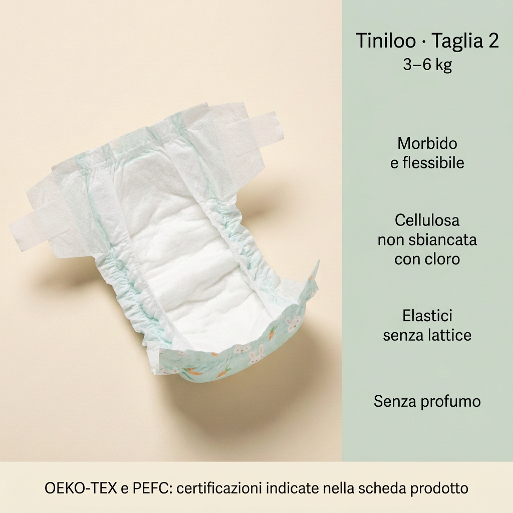Pannolino Tiniloo taglia 2 con indicazione sulla cellulosa non sbiancata con cloro