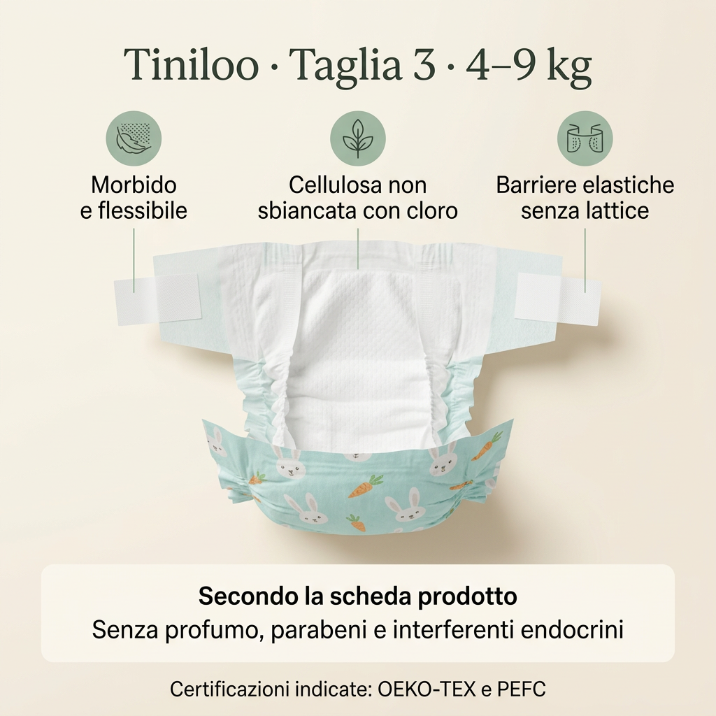 Pannolino Tiniloo taglia 3 aperto con caratteristiche e linguette bianche