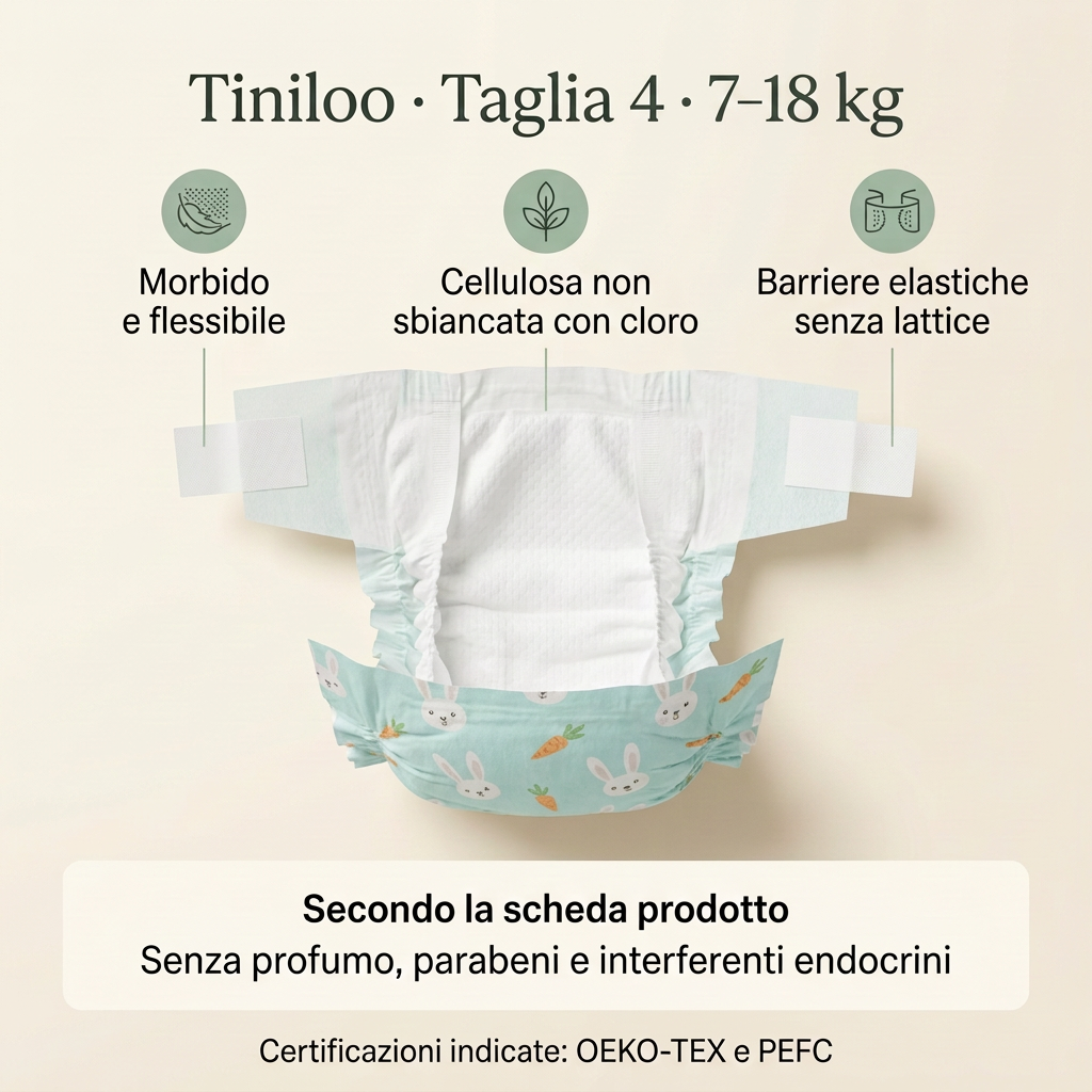 Pannolino Tiniloo taglia 4 aperto con caratteristiche